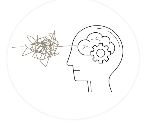 Illustration: ein Kopf mit Zahnrad-Gehirn und einem entwirrten Faden — Selbstreflexion bringt Ordnung ins Gedankenchaos.